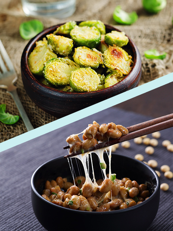 Bowl of brussel sprouts and cheesy beans