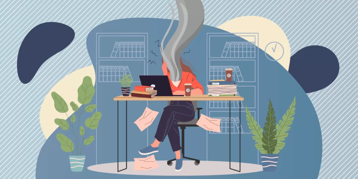 Graphic of woman sitting at desk with head smoking