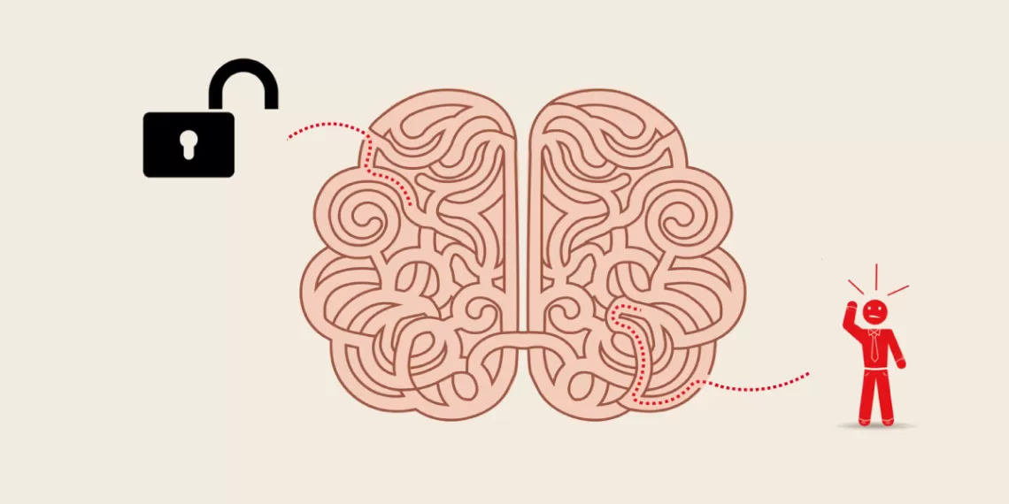 The Heart of ABA. An illustration of a confused man entering a brain shaped maze with an unlocked padlock at the other end.