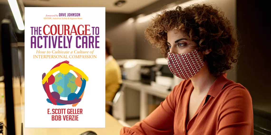 Joanne from the courage to actively care looking at a computer screen. the courage to actively care book cover overlaid on top