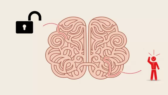 The Heart of ABA. An illustration of a confused man entering a brain shaped maze with an unlocked padlock at the other end.